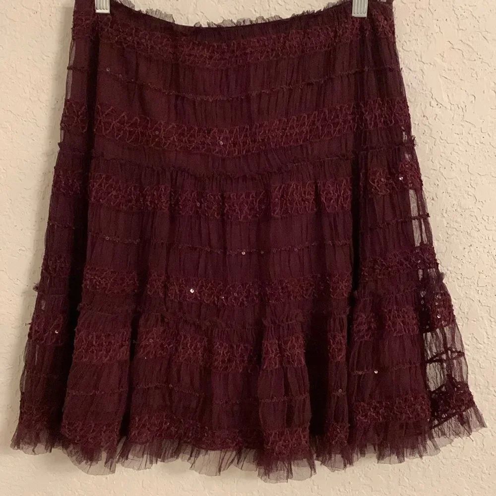 Max Studio Dark Cherry Fulle Sequins Flared Elastic Waist Skirt Size S/M